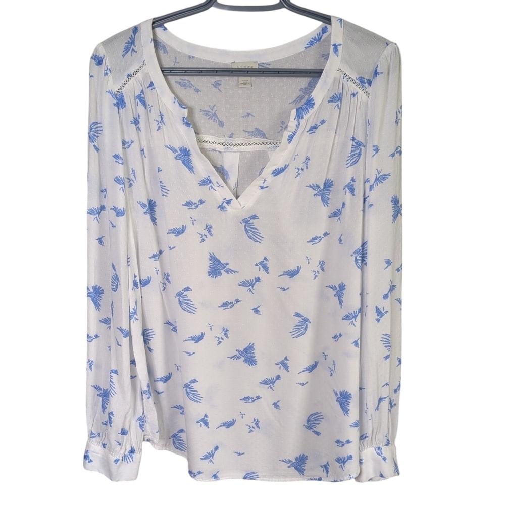 Hinge Semi Sheer Textured Pullover Birds Blouse Size‎ 1 (Large) Blue White